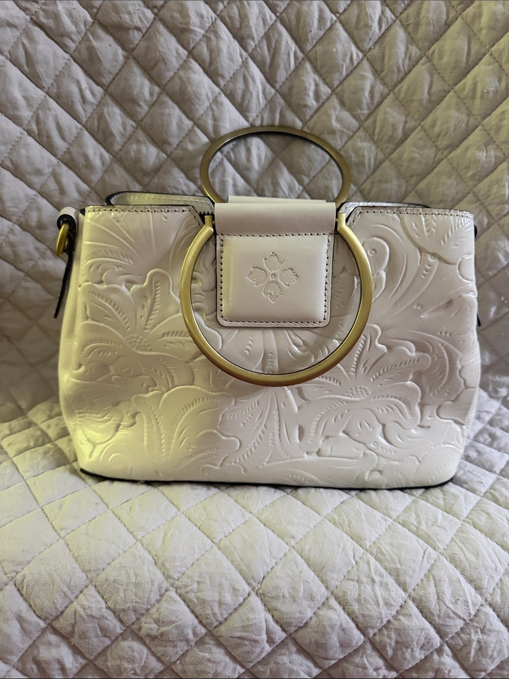 Patricia Nash White Embossed Leather Satchel with Gold Ring Handles